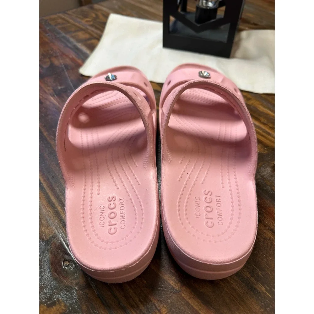 Crocs Classic Platform Sandal Pink Double Strap Rhinestone Slides Womens 8